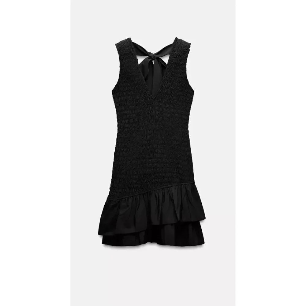 Zara Womens Mini Dress Medium M Black Ruffle Hem Self-Tie Open Back 0881/366 NWT